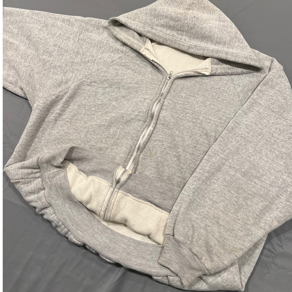 Vintage 70s 80s Thermal Lined Zip Up Hoodie Heather Grey Waffle Knit Sweatshirt